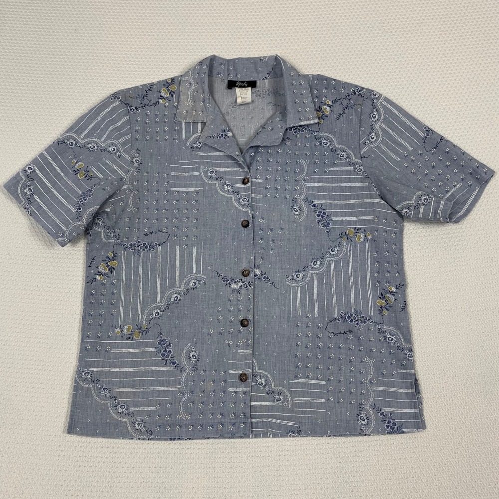 Vintage Tapestry Blue Floral Patchwork Button Up Short Sleeve Shirt Small USA